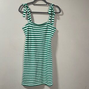 J Crew Green & White Striped Dress spring & summer shoulder tie size Small #6100
